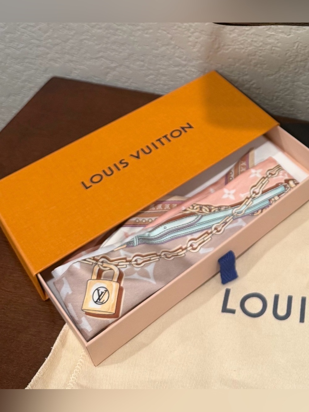 Louis Vuitton Pink and White Monogram Silk Twilly with Chain Motif